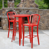 Flash Furniture CH-51080BH-2-30VRT-RED-GG 24" Round Metal Bar Table Set with 2 Vertical Slat Back Barstools in Red